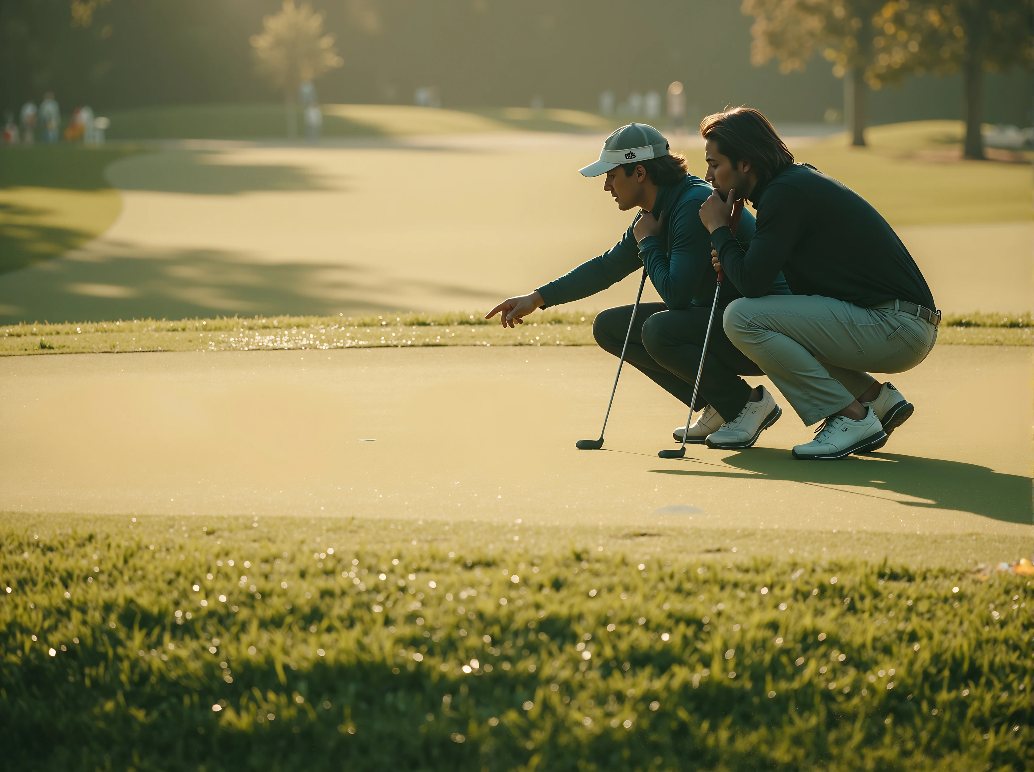 Golfers putting on the green during practice, focusing on technique and alignment